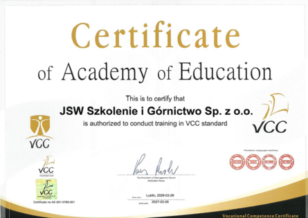 Certyfikat Akademii Edukacyjnej VCC 